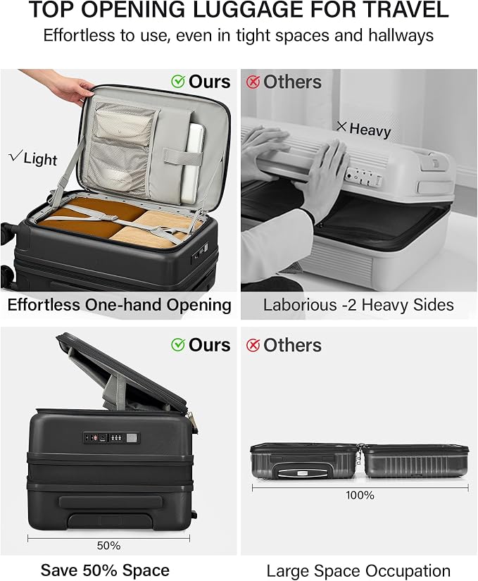 Hanke 20 Inch Expandable Carry On Luggage with Cup Holder 22x14x9 Airline Approved, Top Opening Hard Shell Suitcases with Wheels, Carry-On Travel Suitcase Trunk Luggage with Lock, Jet Black - Image 3
