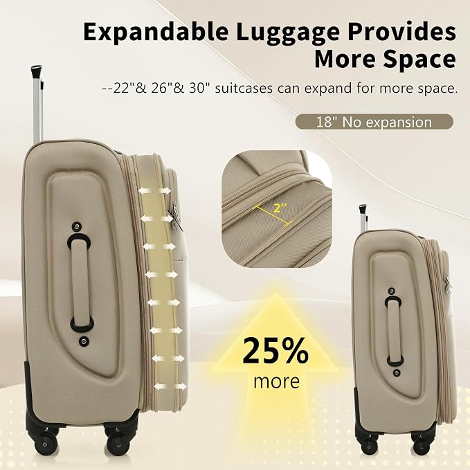Merax 4 Piece Soft Luggage Set 18/22/26/30,Expandable Suitcase,Khaki | Suitcase Set with TSA Lock,Spinner Wheels,Telescopic Handle,Front Pocket,Lightweight Travel Luggage for Family Trips - Image 3
