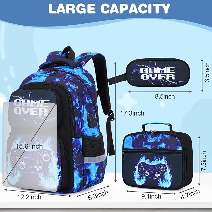 Bevalsa Backpack for Boys, School Bags for Kids, Bookbag for Boys Children Teens Backpacks for Elementary Middle High School Student, Bookbag and Lunch Bag Set with USB Charging Port (Blue Flame) - Image 2