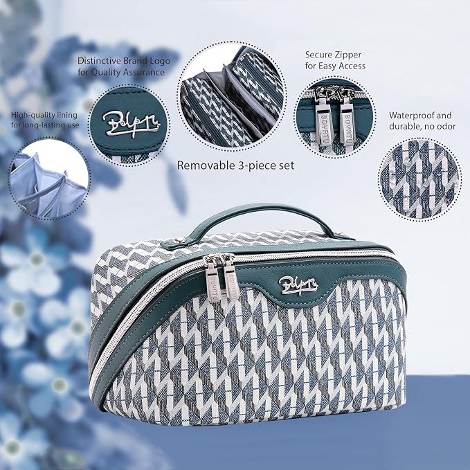 BOYATU Travel Makeup Bags for Women: Large Capacity Cosmetic Bag Set of 3 - Vegan Leather Make up Bags with Compartments - Wide Open Waterproof Toiletry Organizer Bag with Handle (P-01-Royal blue) - Image 4