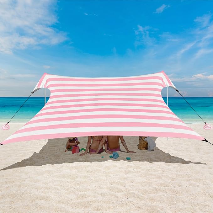 Beach Tent Canopy, UPF 50+ UV Protection Beach Sun Shade, Portable 10×10 FT Large Pop-Up Tent Sun Shelter with Sand Anchors, Ground Pegs, Easy Setup for Camping, Park, and Backyard Fun-Pink Stripe by BEW