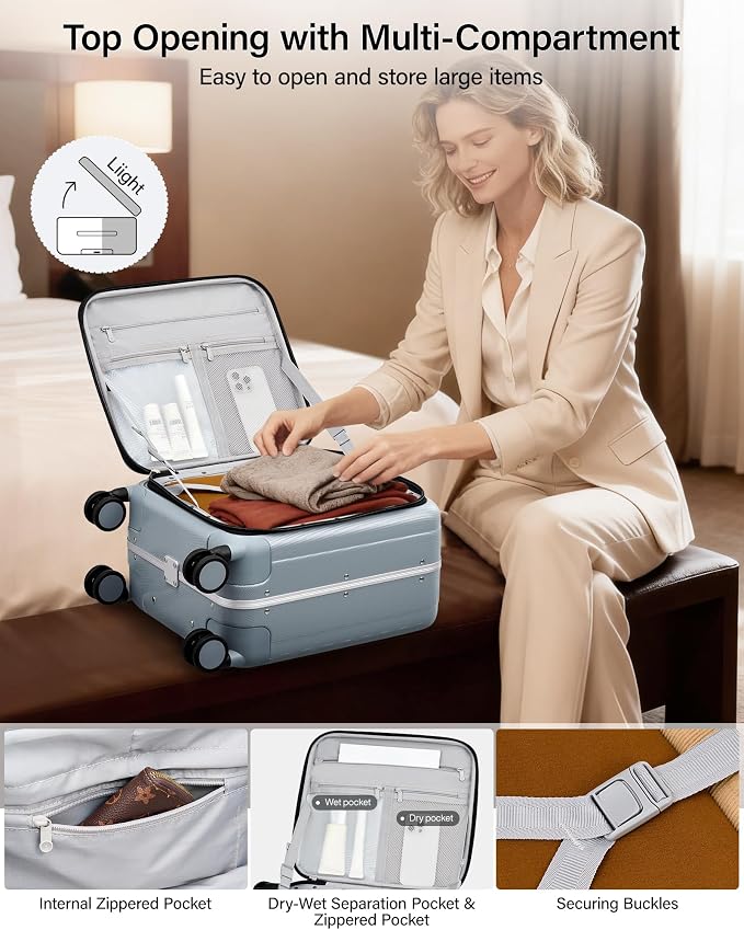 Hanke 16 Inch Underseat Carry On Suitcases with Wheels,Lightweight Hard Shell Carry on Luggage for Weekender,Top Opening Small Suitcase,Travel Luggage for Womem Men,Grey - Image 6
