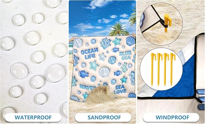 HIHOHO Beach Blanket Waterproof Sandproof Mat, 3D Ocean, 79"×83" (4 Person) | Quick Drying, Durable, For 1-8 Adults, Outdoor Picnic Mat, Beach Festival Travel Camping Hiking - Image 4
