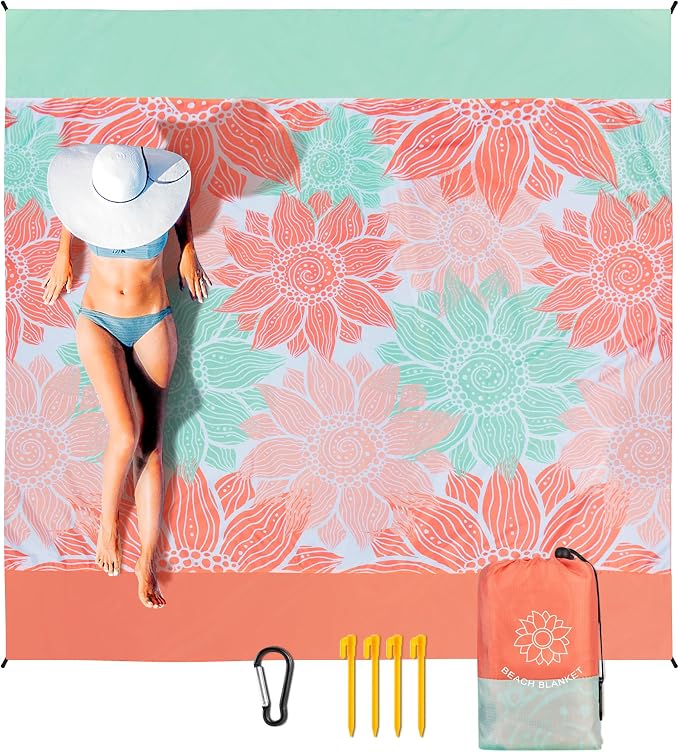 WIWIGO Beach Blanket Sandproof Extra Large Beach Mat Adults Waterproof Quick Drying Sand Free Mat Made by Premium Polyester with 4 Stakes & 4 Corner Pockets for Outdoor Travel Camping Hiking by WIWIGO