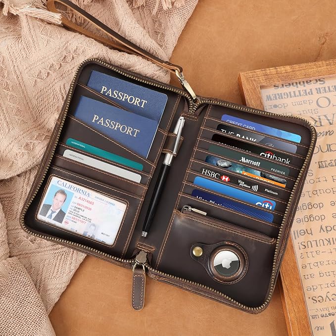 Polare Full Grain Leather Travel Passport Holder RFID Blocking Cover Case Travel Document Organizer Wallet Holders 2 Passports With YKK Zipper (Dark Brown with AirTag Slot) - Image 3