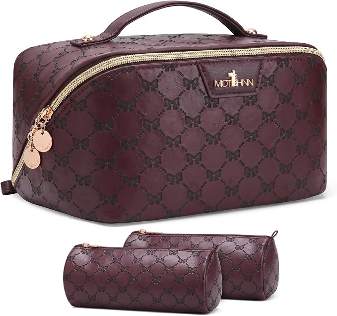 Travel Makeup Bags for Women: 3 Pcs Set Luxury Bow Print Make up Bag - Large Capacity Cute Cosmetic Case - 3–15 Day Travel Toiletry Organizer Bag, Comes with An Gift Box(Coffee brown) by Unknown