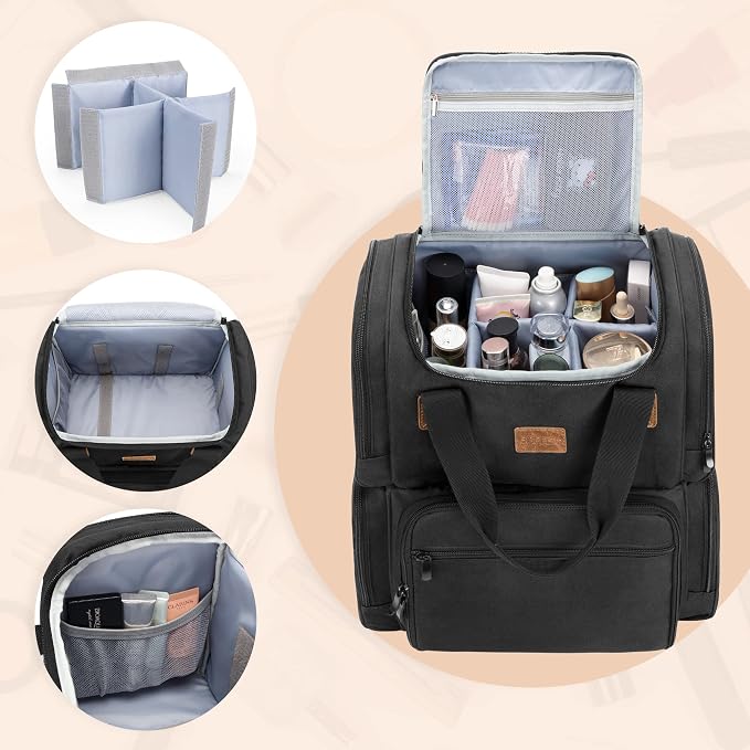 BAFASO Travel Makeup Bag with 3 Inner Removable Pouches, Black | Cosmetic Bag with Multiple Pockets. - Image 2