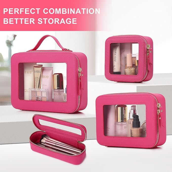 Pinkmik Clear Makeup Bag for Women Waterproof Travel Cosmetics and Toiletries Case Portable Makeup Oaganizer Bag Clear Car Bag with Zipper (X/Fuxia, M) - Image 5
