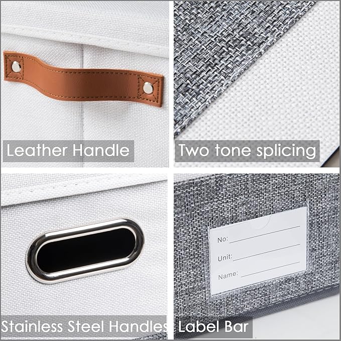 PRANDOM Foldable Storage Bins with Lids [3-Pack] Fabric Collapsible Storage Boxes Baskets Cubes Containers with Handles for Closet Living Room Bedroom (Grey & White 17.7x11.8x11.8'') - Image 5