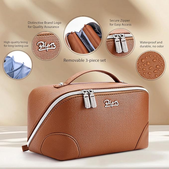BOYATU Travel Makeup Bag Cosmetic Bags for Women: 3 Pcs Set Large Capacity Make up Bag with Handle - Waterproof Vegan Leather Toiletry Bags Travel Essentials with Compartments(C-1-Brown) - Image 2