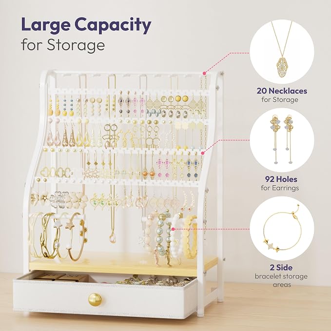 SWTYMIKI Earring Holder Organizer - Jewelry Organizer Stand with Necklace Hooks, Watch Rods, Nonwoven Drawer, Large Capacity Jewelry Display for Stud Earring Bracelet Necklace Ring, White - Image 3