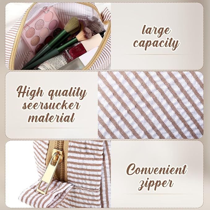 Sanwuta 10 Pcs Seersucker Cosmetic Bag Seersucker Makeup Bag Women Stripe Large Travel Toiletry Organizer Preppy Storage Pouch for Embroidery Wedding Bridesmaid Bride Mom (Khaki) - Image 3