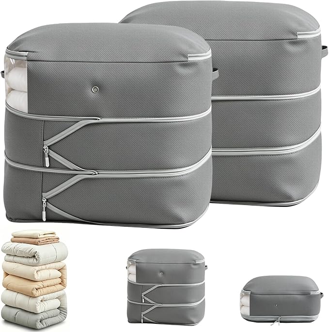Comforter Storage Bag, Large Capacity Blanket Storage Bags 3-Layer Ultra Space Saving Self Compression Organizer, Heavy Duty Space Saver Organizer for Bedding, Clothes, Blanket, 2-Pack, Gray by Unknown