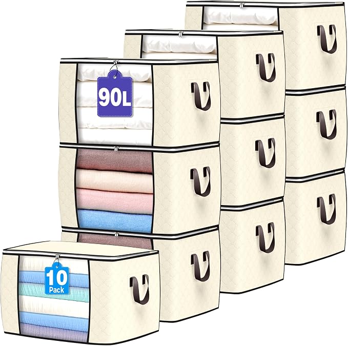 90L Large Storage Bags, 10 Pack Clothes Storage Bins Closet Organizers | Foldable Storage Containers, with Reinforced Handle, for Clothing, Blanket, Comforters, Bed Sheets, Pillows and Toys,Beige by BuddingJoy-BuildaJoyfulLifeforYou
