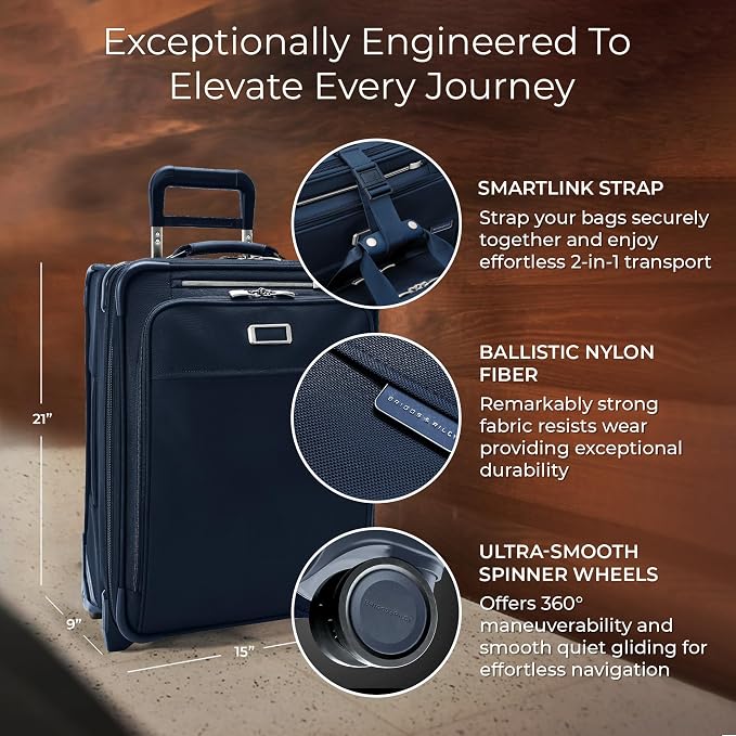Briggs & Riley 21" Global 2-Wheel Expandable Carry On - Luggage for Travel, Suitcases with Wheels, Softside Rolling Bag for Men & Women, Self-Repairing Zipper - Baseline Collection, Navy - Image 2