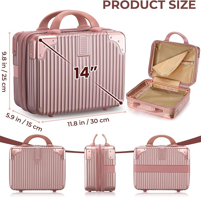 Noverlife 14 Inch Portable Makeup Travel Case Hand Luggage, Pressure-proof ABS Carrying Makeup Case Suitcase with Elastic Band, Small Hard Shell Cosmetic Case for Travel Camping Women Girl - Rose Gold | 14 Inch Hard Shell Cosmetic Case for Women Girl, ... - Image 8