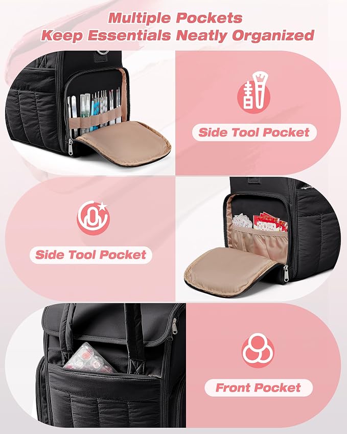 Marscamd Nail Polish Organizer Bag Holds 70 Bottles and Nail Lamp, Nail Polish Storage Case with 2 Removable Bags and Multiple Pockets, Black - Image 4