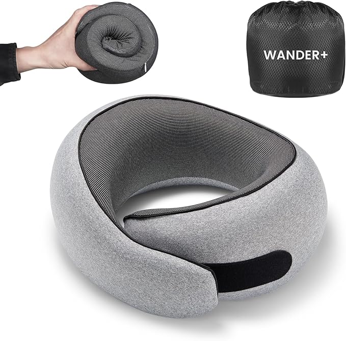 WANDER PLUS® Travel Pillow, 100% Pure Memory Foam Travel Neck Pillow Airplane Neck Support Ergonomic Design Best for Sleeping Plane Car Train Office Flight for Adults Grey