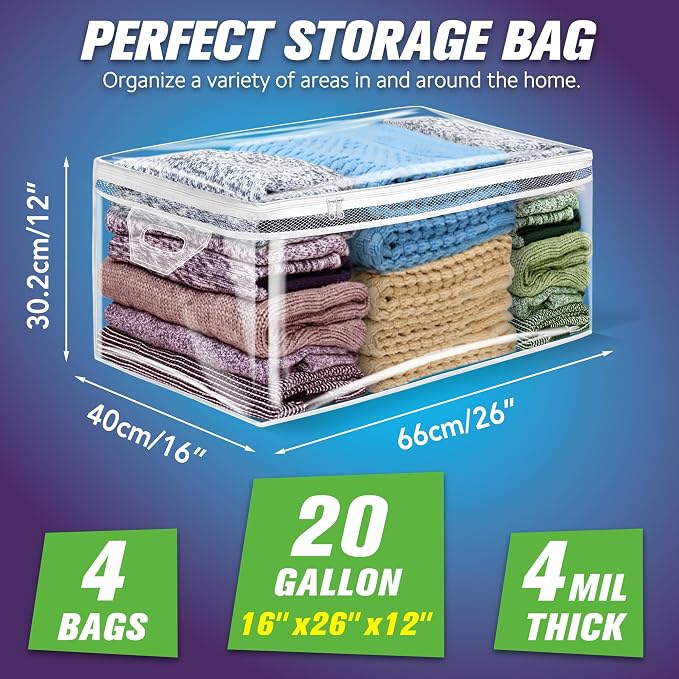 HIBAG 20 Gallon Large Storage Bag for Clothes, Zipper Clothing Storage Bag, Clear Organizer with Reinforced Handles, for Comforters Blankets Pillows Bedding (4 Pack) - Image 2