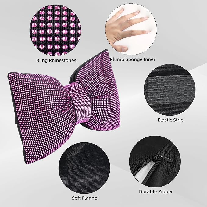 2 PCS Bling Car Pillows,Rhinestones Bowknot Car Headrest Pillow,Pink | Car Neck Pillow for Driver Relax Neck Support,Sleeping Travel Support Neck Pillow,Diamond Interior Accessories for Women - Image 2