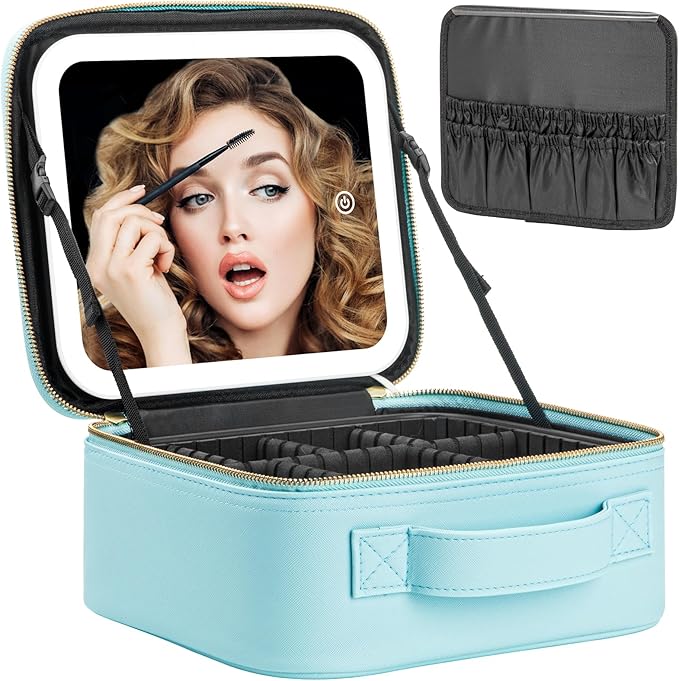 Extrei Gent Makeup Travel Train Case with Mirror LED Light 3 Adjustable Brightness Large Cosmetic Bag Portable Storage Adjustable Partition Waterproof Makeup Brushes Make up Jewelry Gift for Women by Extrei+Gent