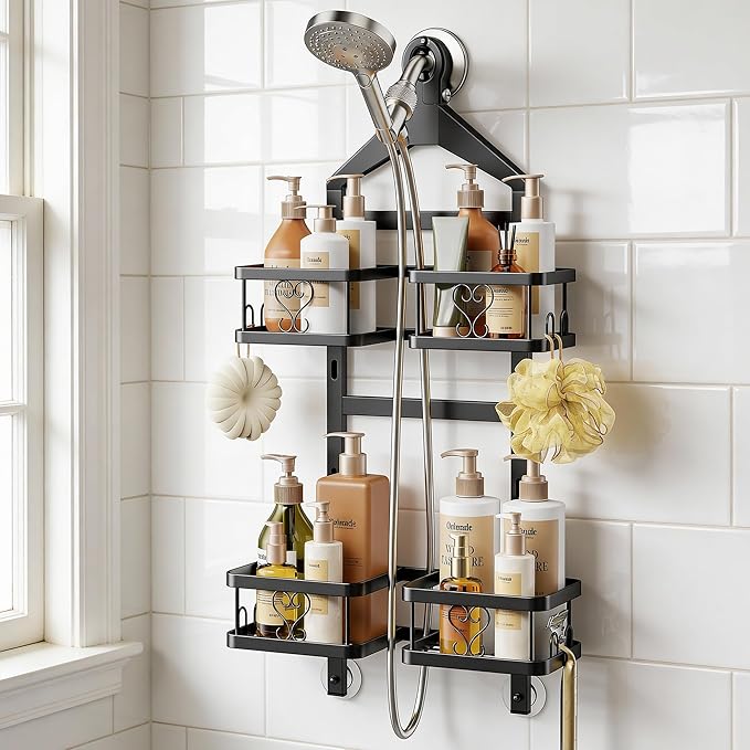 Orimade Adjustable Hanging Shower Caddy for Handheld Shower Heads, Rustproof Bathroom Shelf Organizer Over Showerhead Storage Rack with 8 Hooks, Easy-Clean Removable Baskets & Triple Anti-Slip Fixing by Orimade