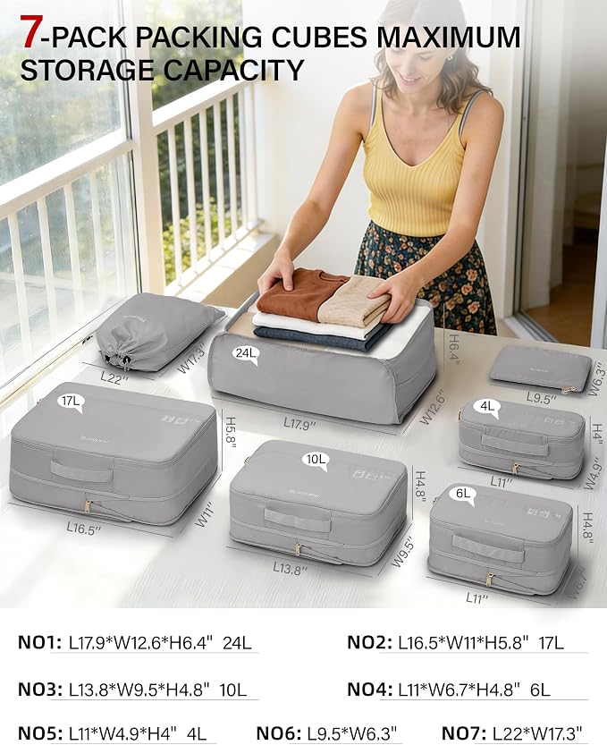 Hanke 7 Piece Expandable Compression Packing Cubes, Premium Travel Packing Organizers for Suitcases/Carry On, Luggage Organizer Bags with Breathable Mesh & Label,Light Grey - Image 4