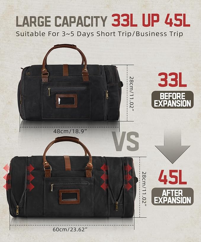 ARCFOX Vintage Waxed Canvas Duffle Bag for Men, Expandable to 45L Waterproof Weekender Overnight Travel Bag with Shoe Compartment, Adjustable Shoulder Strap, Carry On Duffel Bags for Airplanes, Black - Image 2