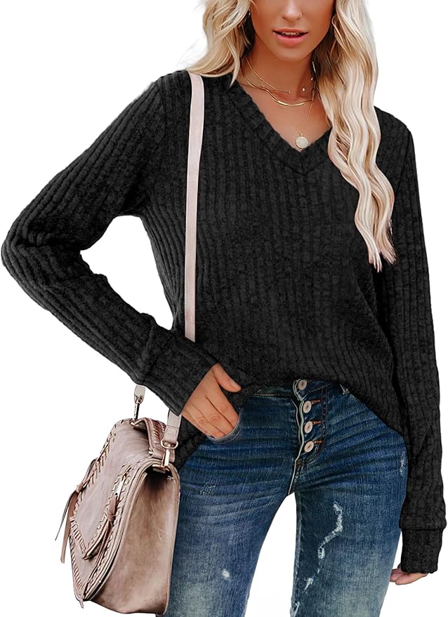 Sampeel V Neck Long Sleeve Shirts for Women Casual Fall Tops Lightweight Tunic Sweaters Fashion Clothes Loose Fit 2025