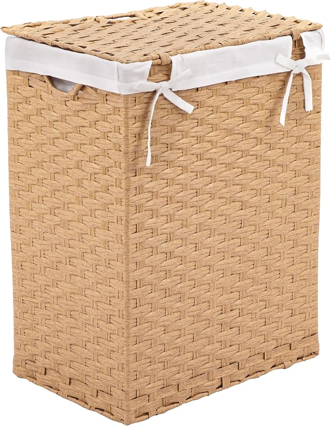Seville Classics Premium Handwoven Portable Laundry Bin Basket with Carrying Handles, Household Storage for Clothes, Linens, Sheets, Tan, Rectangular Hamper - Image 4