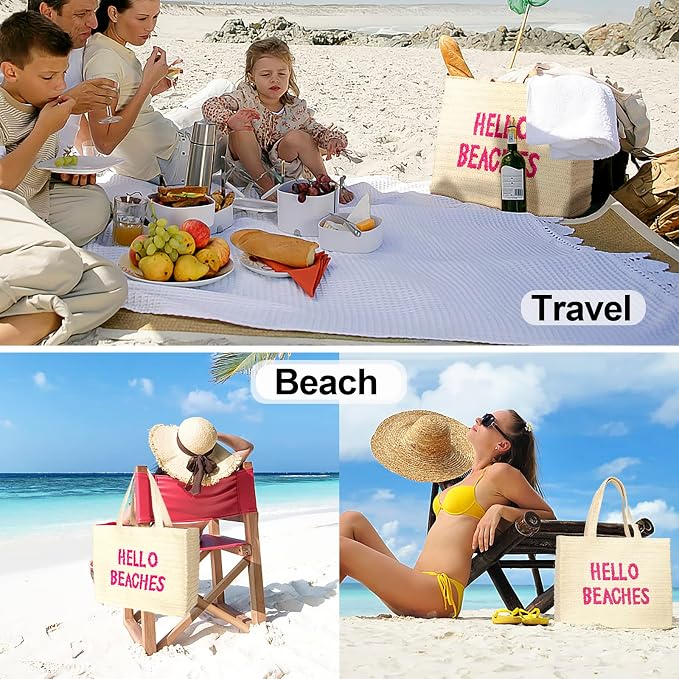 Hello Beaches A Packable Beach Bag | The Straw Beach Tote Bag of 2025 | Beach Bags for Women Vacation | Large Beach Bag - Image 6