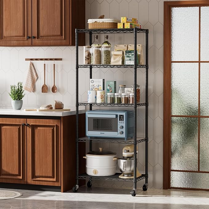 Golpart 5 Tier Shelves Storage Shelf Wire Closet Bathroom Organizers Metal Pantry Kitchen Garage Shelving Unit Laundry Room Organization Home Rack Net Basket Black with Wheels 14”D X 24”W X 61.2”H - Image 2