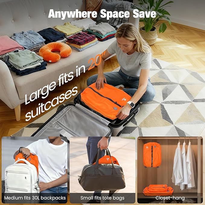 3 Pack Vacuum Bags for Travel with Pump, 3-Size Set Reusable Vacuum Compression Bags for Luggage, Space Saver IP67 Waterproof Vacuum Packing Cubes for Suitcase&Backpack, Orange - Image 6