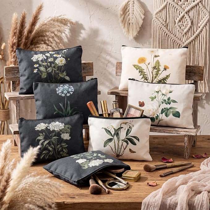 Sweetude 12 Pcs Vintage Flowers Makeup Bag Bulk Rustic Country Gifts Portable Travel Cosmetic Bags with Zipper Retro Floral Waterproof Roomy Travel Toiletry Organizer Storage Beauty Pouch for Women - Image 2