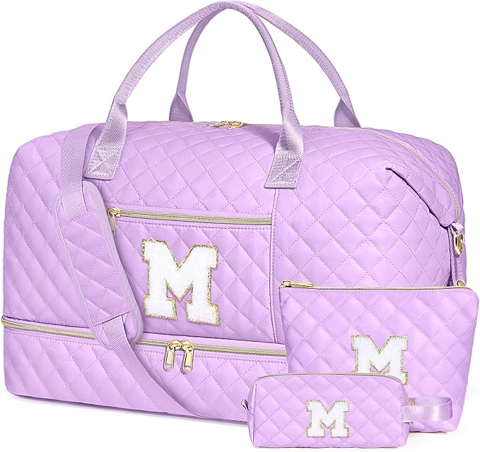 Graduation Birthday Gift for Her, Personalized Initial Weekender Bag for Women 45L Travel Duffle Carry On Quilted, 3PCS Overnight with Cosmetic & Toiletry Bag, Shoe Compartment, Gym Dance Bag for Girl by ITIEZY