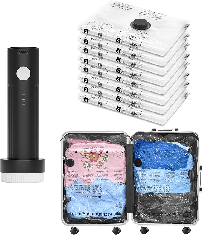 Vacuum Seal Bags for Clothing Travel and Home Storage, Travel Vacuum Bags with Electric Pump, Space Saver Compression Packing Cubes for Luggage Suitcase Bedding Blankets Clothes, 8 Medium by SUOCO
