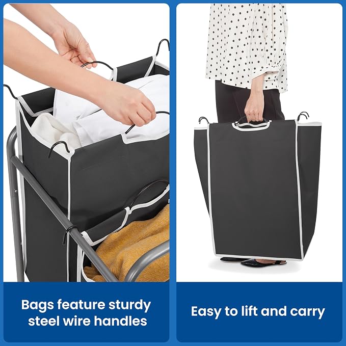 STORAGE MANIAC Laundry Sorter 2 Section, 90L (23.7Gal) Laundry Hamper with Wheels, Clothes Basket Separator Sorter, 2 Bag Cart and Removable Bags for Closet, Dorm, Collage, Black - Image 5