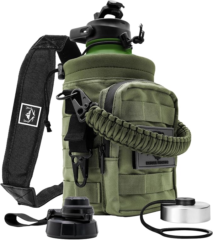 NATURE PIONEOR 64 oz Tactical Water Bottle with MOLLE Bottle Pouch & 3 Lids | 18/8 Food-grade Stainless Steel, Double Vacuum Insulation, 3 Leak-proof Lids, Handle, Strap, Camping, Hiking, Gym, Work by NATUREPIONEOR