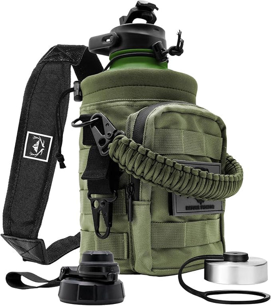 NATURE PIONEOR 64 oz Tactical Water Bottle with MOLLE Bottle Pouch & 3 Lids | 18/8 Food-grade Stainless Steel, Double Vacuum Insulation, 3 Leak-proof Lids, Handle, Strap, Camping, Hiking, Gym, Work by NATUREPIONEOR