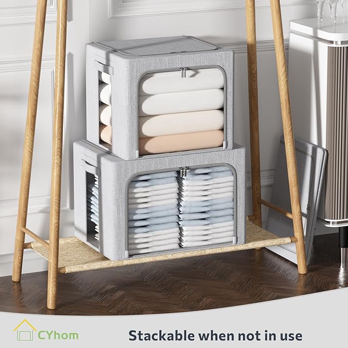 CYhom 2Pack Extra Large Clothes Storage Bins Box - Linen Fabric Foldable Stackable Container Organizer Set with Clear Window & Carry Handles & Metal Frame (Light Grey, Extra Large-100L) - Image 6