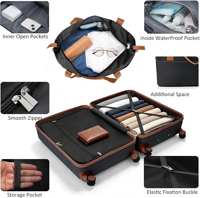4-Piece Luggage Set, Suitcase with TSA Lock Travel Duffel Bag Wet-Dry Toiletry Bag, Black Front-Opening - Image 4