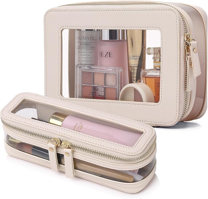 Pinkmik Clear Makeup Bag with Brush Case Travel Toiletry Bag Waterproof Cosmetic Organizer Car Essentials for Women (Beige, M+SLIM-1) by Pinkmik