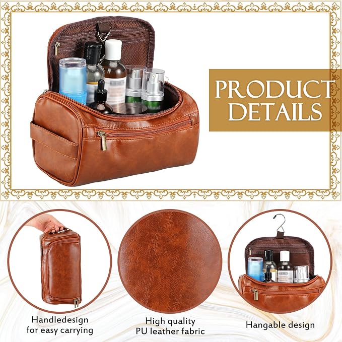 Aliceset 6 Pcs Groomsmen Gift Groomsmen Toiletry Bags Set of 6 Leather Toiletry Bag for Men with Hook Leather Wedding Proposal Bag with Side Handle Father Gift(Brown) - Image 3