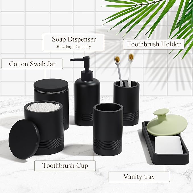 Bathroom Accessories Set, 6-Piece Bathroom Accessory Set, Toothbrush Holders Set, Soap Dispenser, Vanity Tray, Tumbler, Cotton Swab Jars, Bathroom Organizer for Modern Bathrooms(Matte Black) - Image 6
