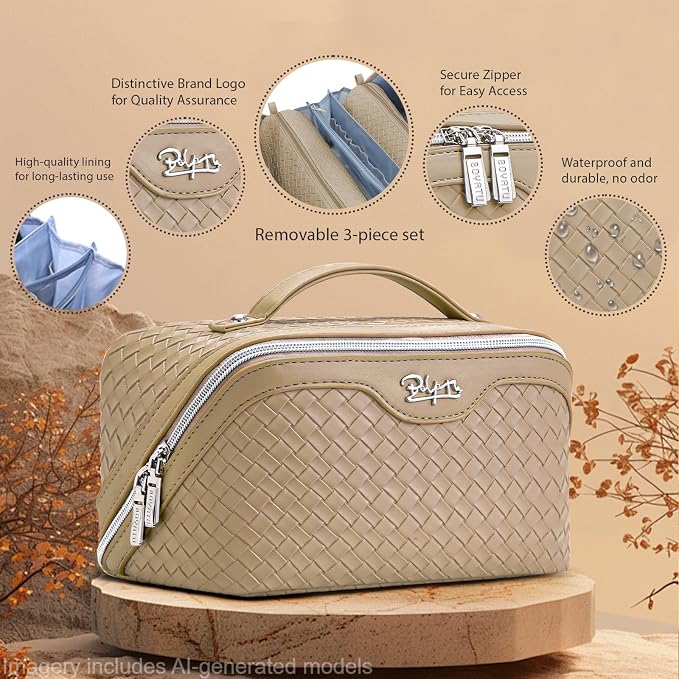 BOYATU Travel Makeup Bag Cosmetic Bags for Women: Large Capacity 3 Pcs Set Make up Bag with Compartments - Waterproof Vegan Leather Toiletry Organizer Bags with Handle (L12 Apricot) - Image 2