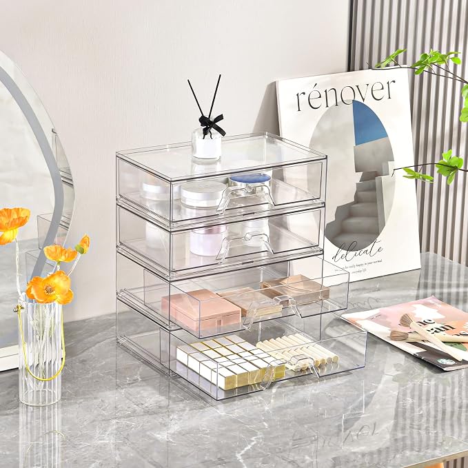 5 Pack Makeup Organizer Stackable, 12.1''L Bathroom Organizer and Storage Acrylic Undersink Drawer Organizer, Cosmetics and Beauty Supplies,Clear Plastic Storage Bins for Vanity,Pantry,Cabinet,Kitchen - Image 7