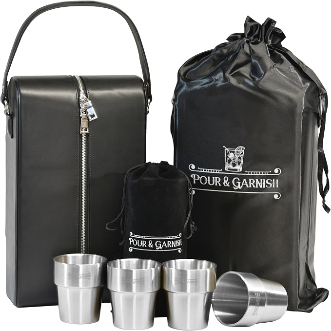 POUR & GARNISH Bourbon, Whiskey & Wine Double Bottle Travel Bag – Vegan Leather Spirits Carrier with 4 Stainless Steel Insulated Glasses & Gift Pouch – Luxury Barware Gift - Image 8