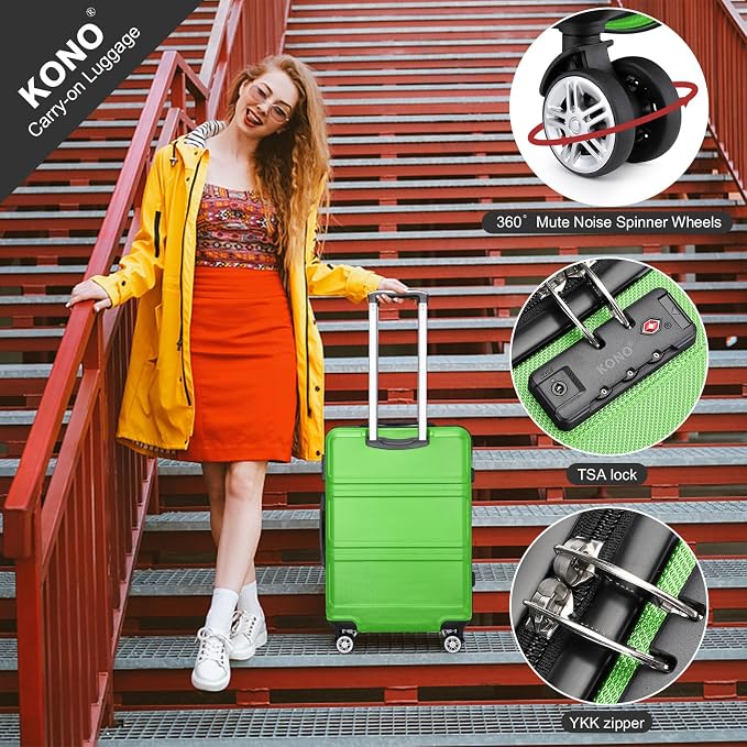 Kono Luggage Set 4 Piece Carry On Hardside Luggage with Spinner Wheels | Lightweight PC+ABS Carry On Suitcase with TSA Lock Apple Green - Image 2