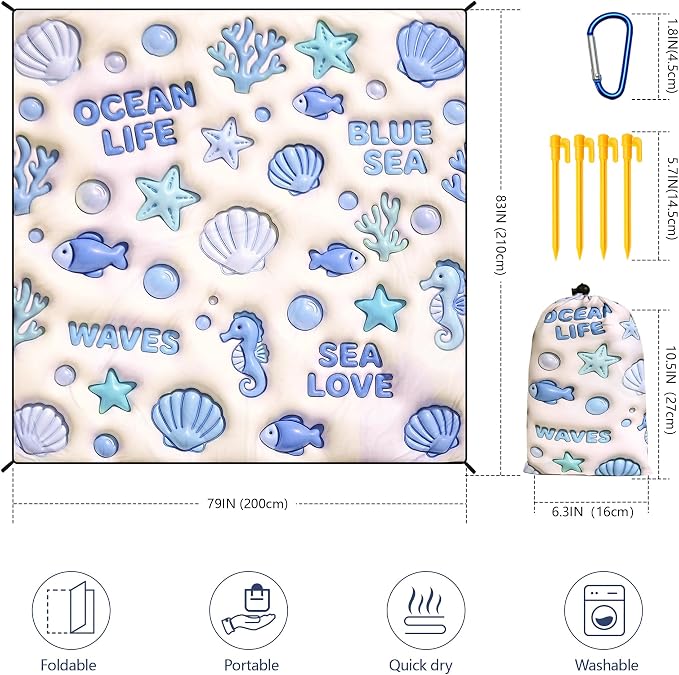 HIHOHO Beach Blanket Waterproof Sandproof Mat, 3D Ocean, 79"×83" (4 Person) | Quick Drying, Durable, For 1-8 Adults, Outdoor Picnic Mat, Beach Festival Travel Camping Hiking - Image 3