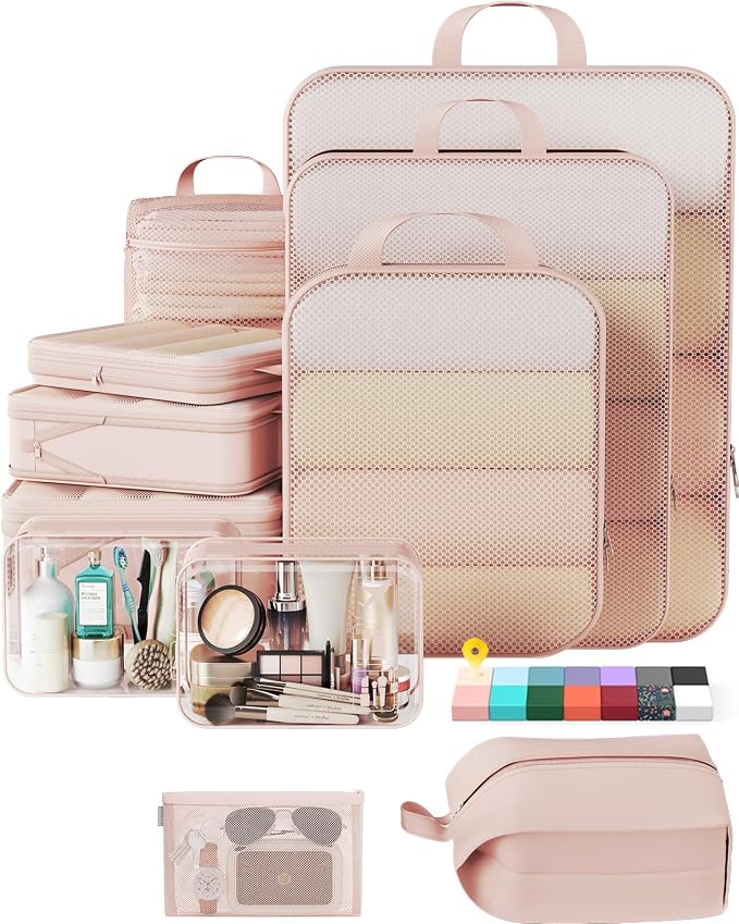 Veken 11 Set Compression Packing Cubes for Travel Essentials,Compressible Expandable Luggage Suitcase Organizer Bags with Garment Bag,Space Saver Bags with Over 1000 pcs of Mesh Holes(Beige) by Veken